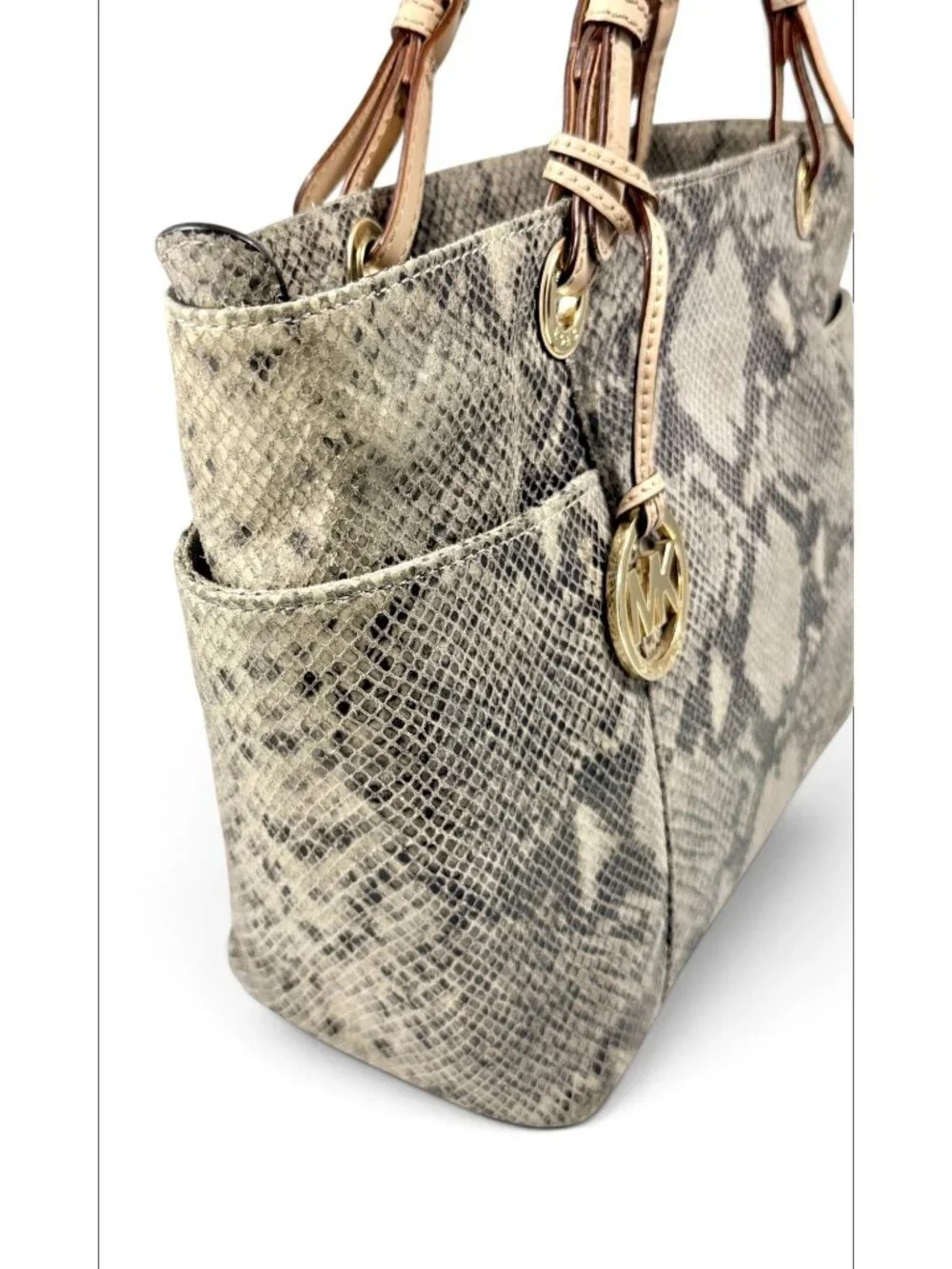Michael Kors Jet Set Python Embossed Leather Tote Bag - Gray Taupe Neutral